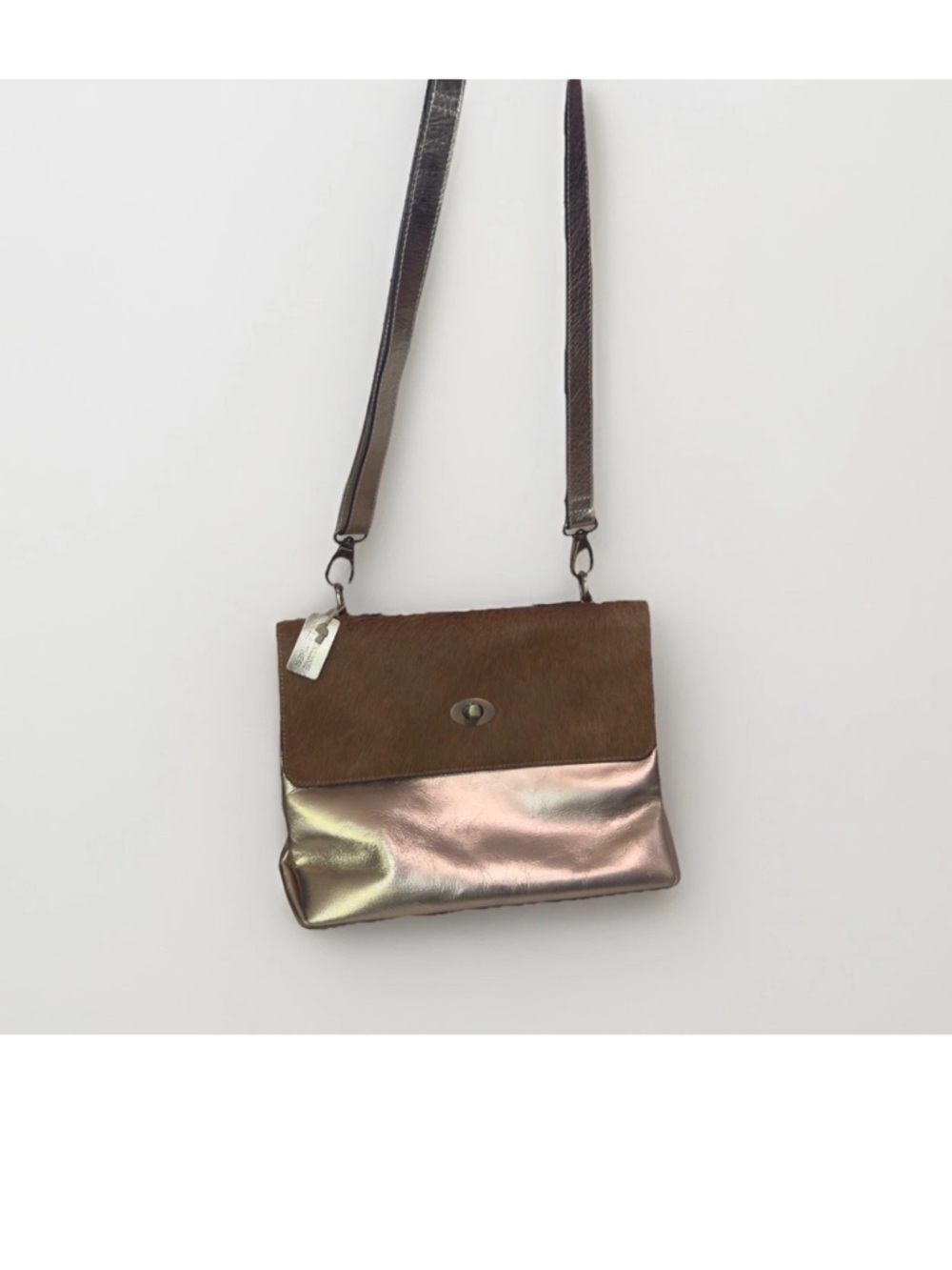 Two-Tone Brown and Metallic Rose Crossbody Bag